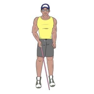 muscled man with cap holding a pink long cane