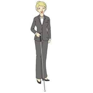 women wearing a suit holding a long white cane