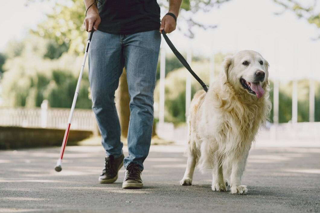 guide dog helping blind man city handsome blind guy have rest with golden retriever city 1157 40224 Blog