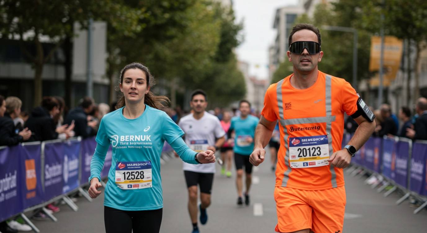 a lady assisting a blind man running